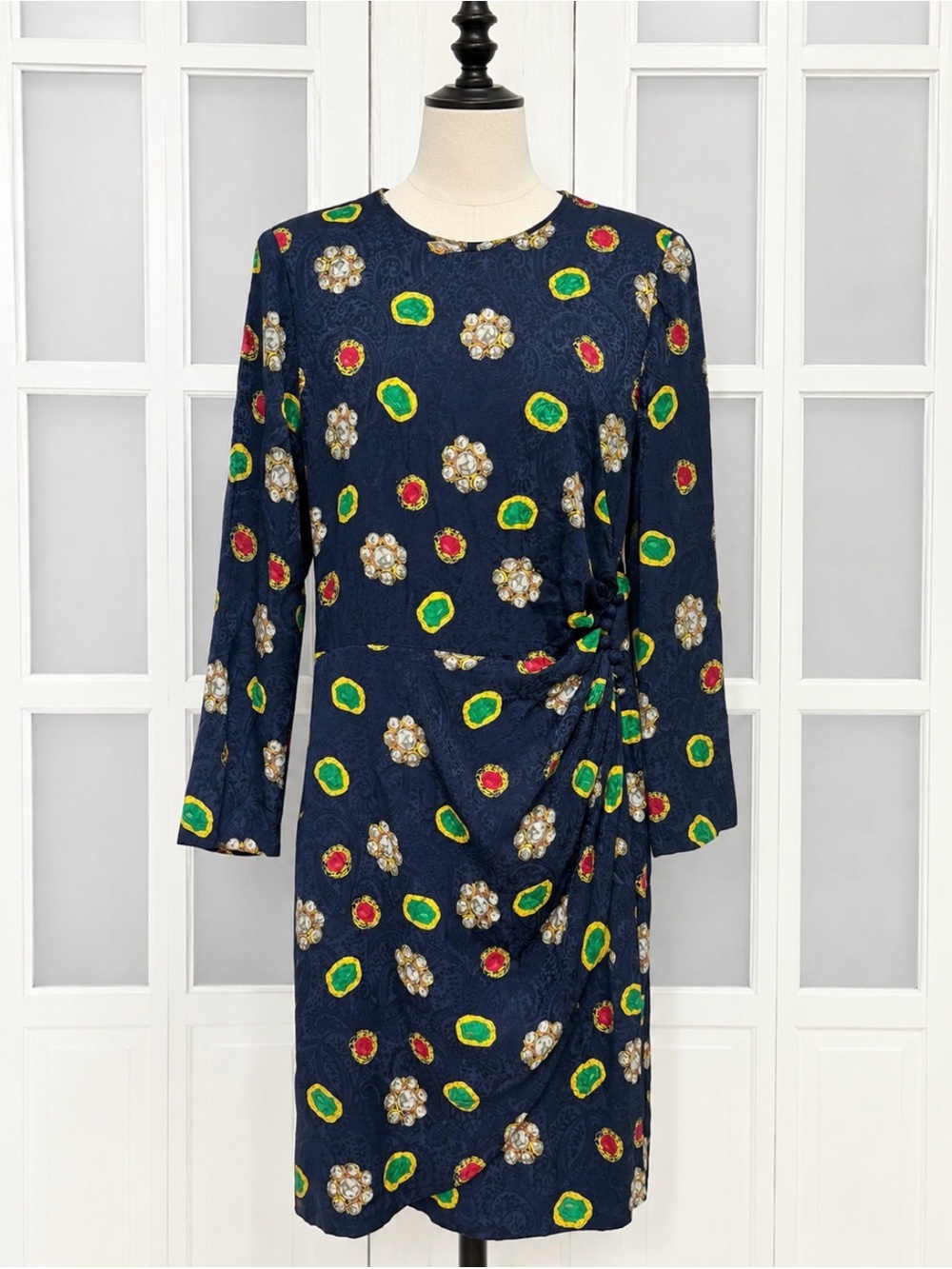 Vintage Richard Warren 100% Silk Jewel Print Ruched Dress Size 12